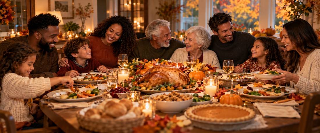 Black and white family gathered for Thanksgiving dinner